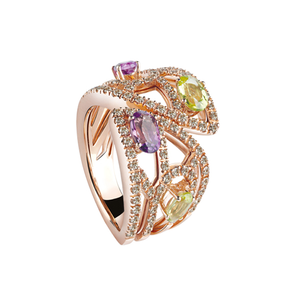 BATTITO D’ALI　PINK GOLD RING WITH BROWN DIAMONDS, AMETHYST AND PERIDOT