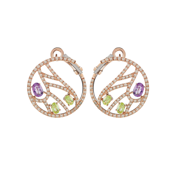 BATTITO D’ALI　PINK GOLD EARRINGS WITH BROWN DIAMONDS, AMETHYST AND PERIDOT
