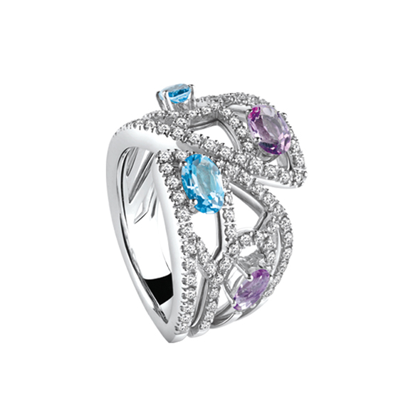 BATTITO D’ALI　WHITE GOLD RING WITH DIAMONDS, TOPAZES AND AMETHYSTS